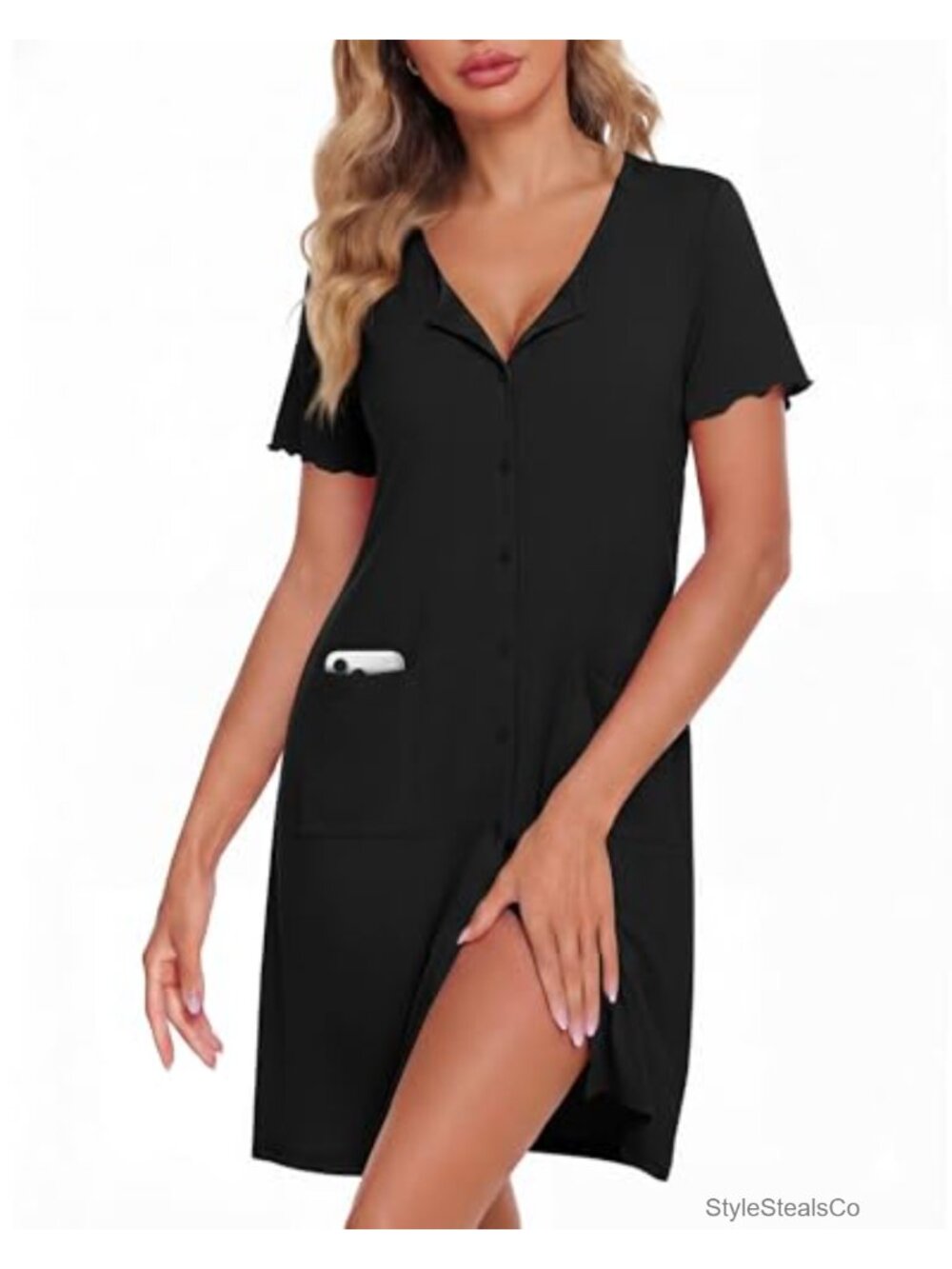 Short Sleeve Button Up Nightgown with Pockets Sleepwear Dress